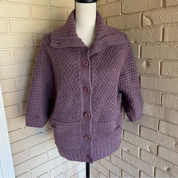 Prana MILONE Cardigan Sweater Womens Medium M Short Batwing Chunky Knit Purple - Picture 2 of 10